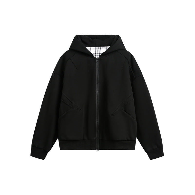 Unisex Kapuzen‑Sweatjacke mit Zweiwege‑Reißverschluss und kariertem Kapuzenfutter Shop Nory