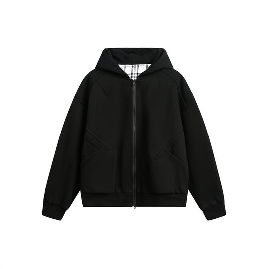 Unisex Kapuzen‑Sweatjacke mit Zweiwege‑Reißverschluss und kariertem Kapuzenfutter Shop Nory