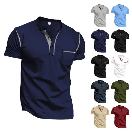 Herren nan modernes Kurzarm-Henley mit Stehkragen, Kontrastnähten und aufgesetzter Brusttasche