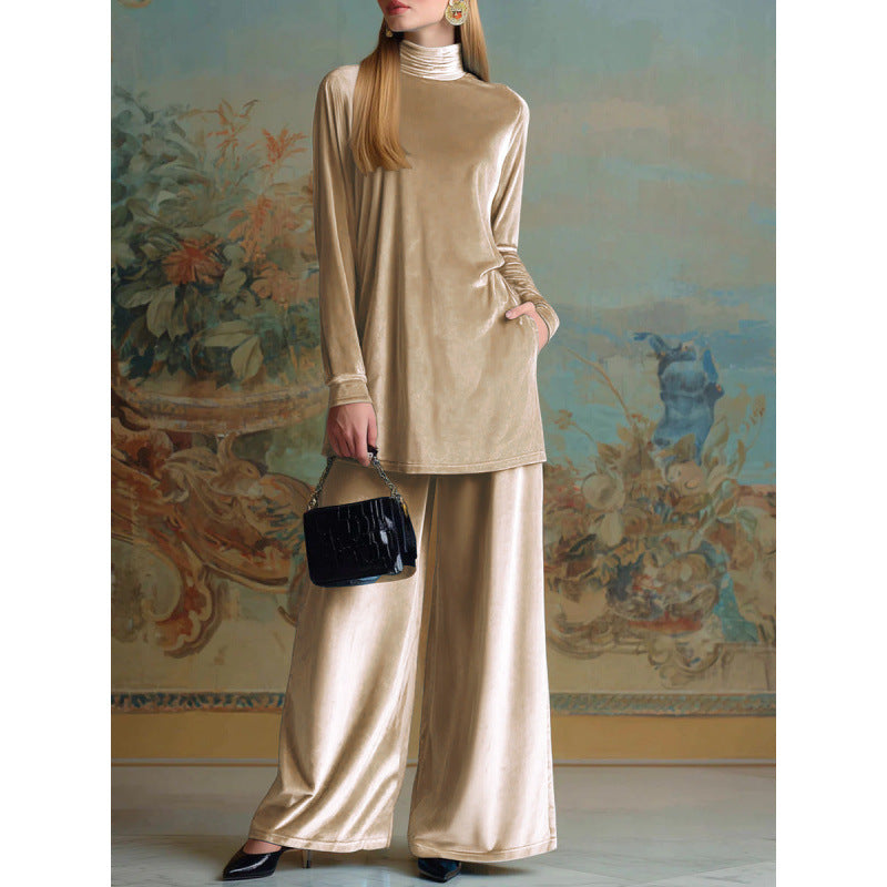 Damen Oversize-Samt-Set mit Rollkragen und weitem Palazzohose Shop Nory