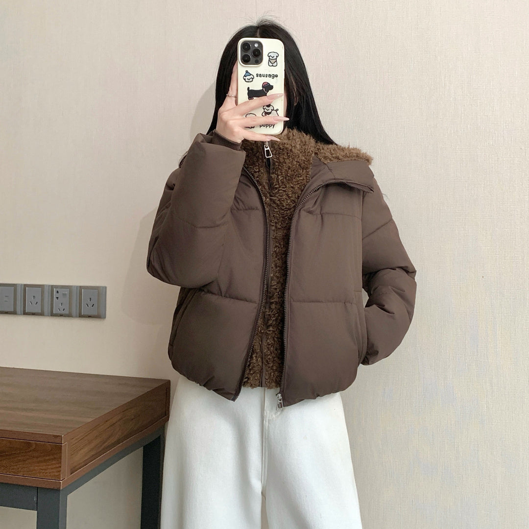 Damen nan kurze wattierte Doppeljacke mit abnehmbarem Teddy-Innenfutter und hohem Stehkragen Shop Nory
