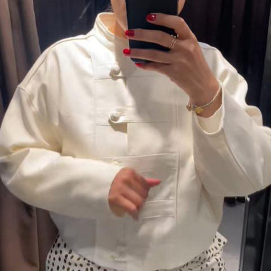 Damen Cropped-Boxy-Jacke mit chinesischem Stehkragen und Zierknopfleiste Shop Nory
