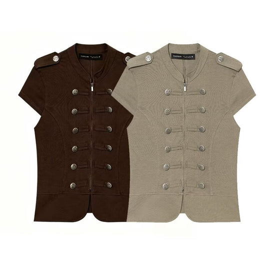 Damen Kurzärmelige militärisch-inspirierte Weste mit Zierriegeln und Metallknöpfen Shop Nory
