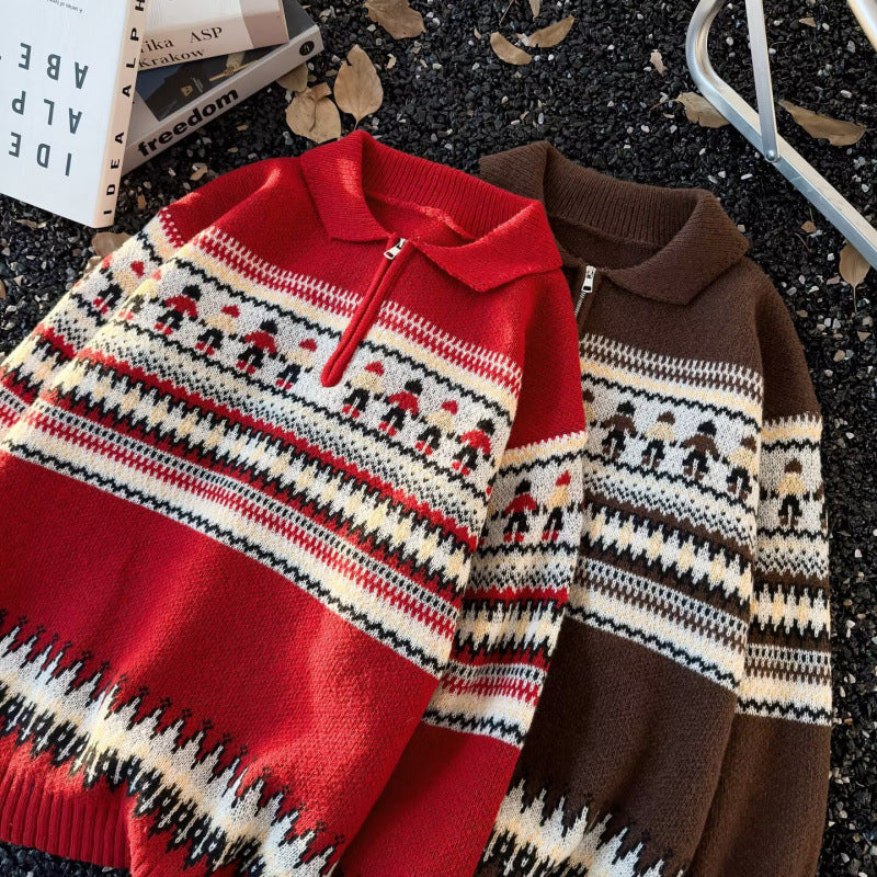 Damen Jacquard-Halbzip-Pullover mit Polokragen und Norweger‑Intarsie Shop Nory