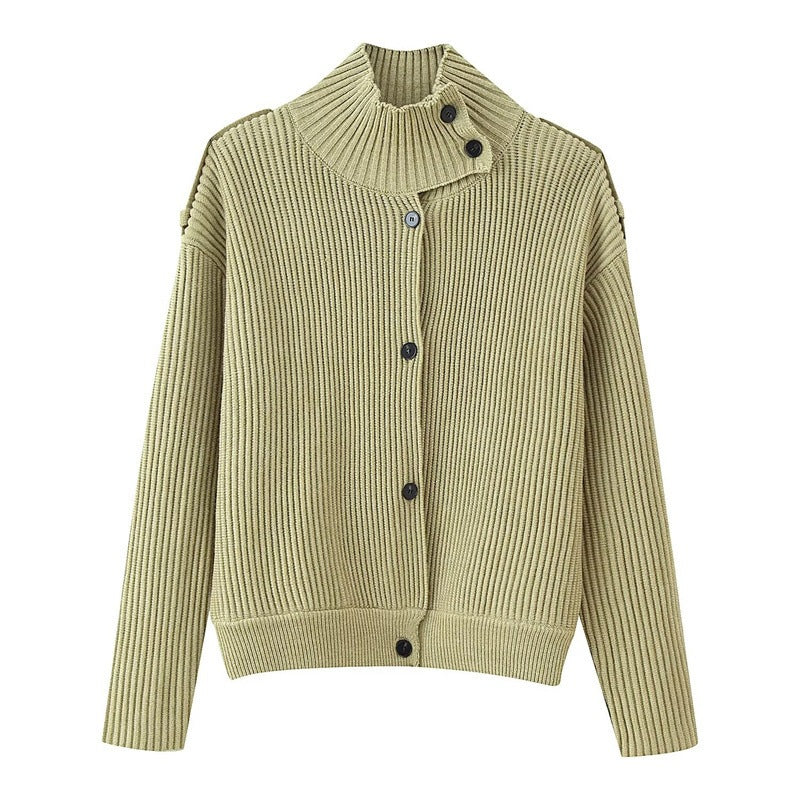 Damen Gerippter Strickcardigan mit Stehkragen und Schulterknopf-Detail Shop Nory