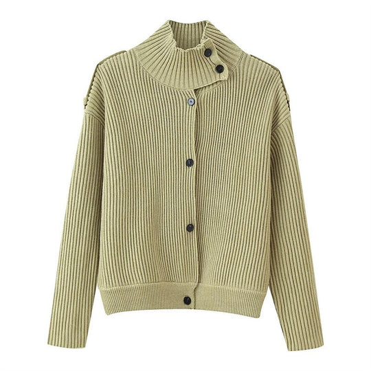 Damen Gerippter Strickcardigan mit Stehkragen und Schulterknopf-Detail Shop Nory