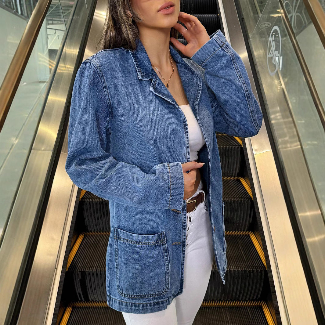 Damen Longline-Denimjacke mit lässigem Oversize-Schnitt und aufgesetzten Taschen Shop Nory