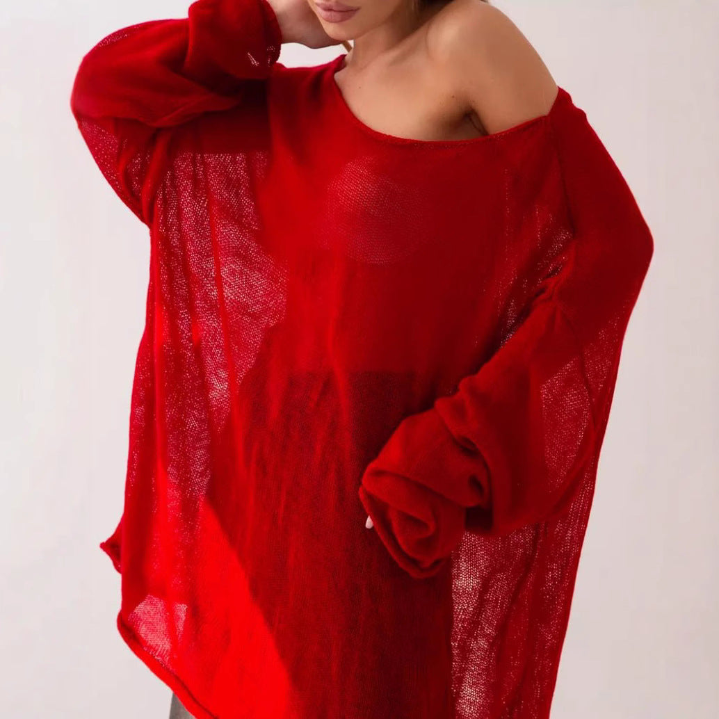 Damen luftiger Oversize-Strickpullover mit weitem Schnitt und transparentem GewShopnorye