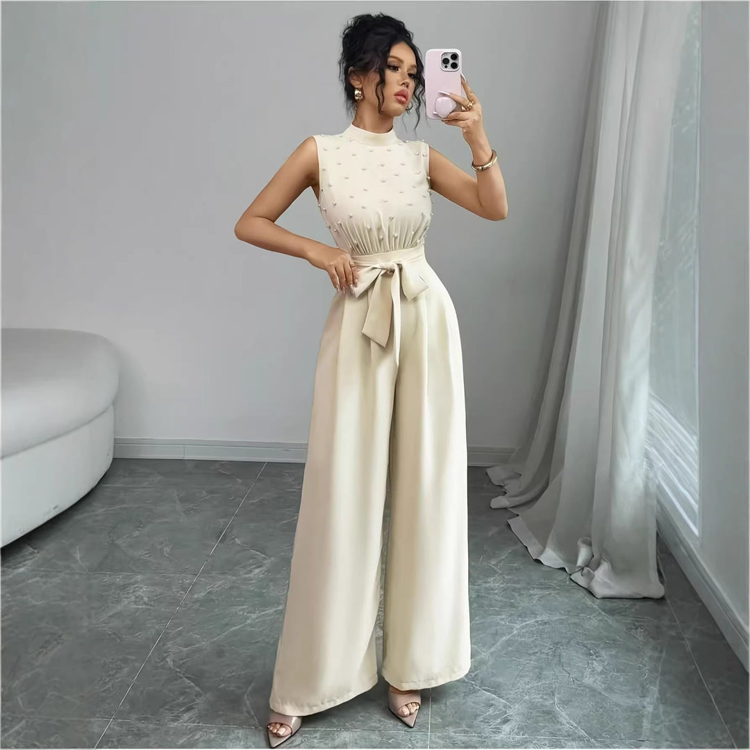 Damen Eleganter Jumpsuit mit Perlenbesatz, Stehkragen und weitem Palazzo-Bein Shop Nory
