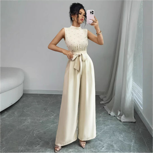 Damen Eleganter Jumpsuit mit Perlenbesatz, Stehkragen und weitem Palazzo-Bein Shop Nory