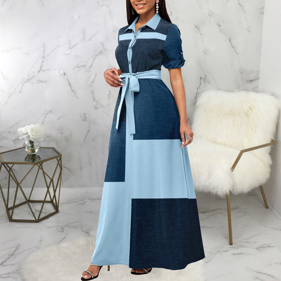 Damen Maxikleid Hemdblusenstil mit Taillengürtel und Blockpatch-Design Shop Nory