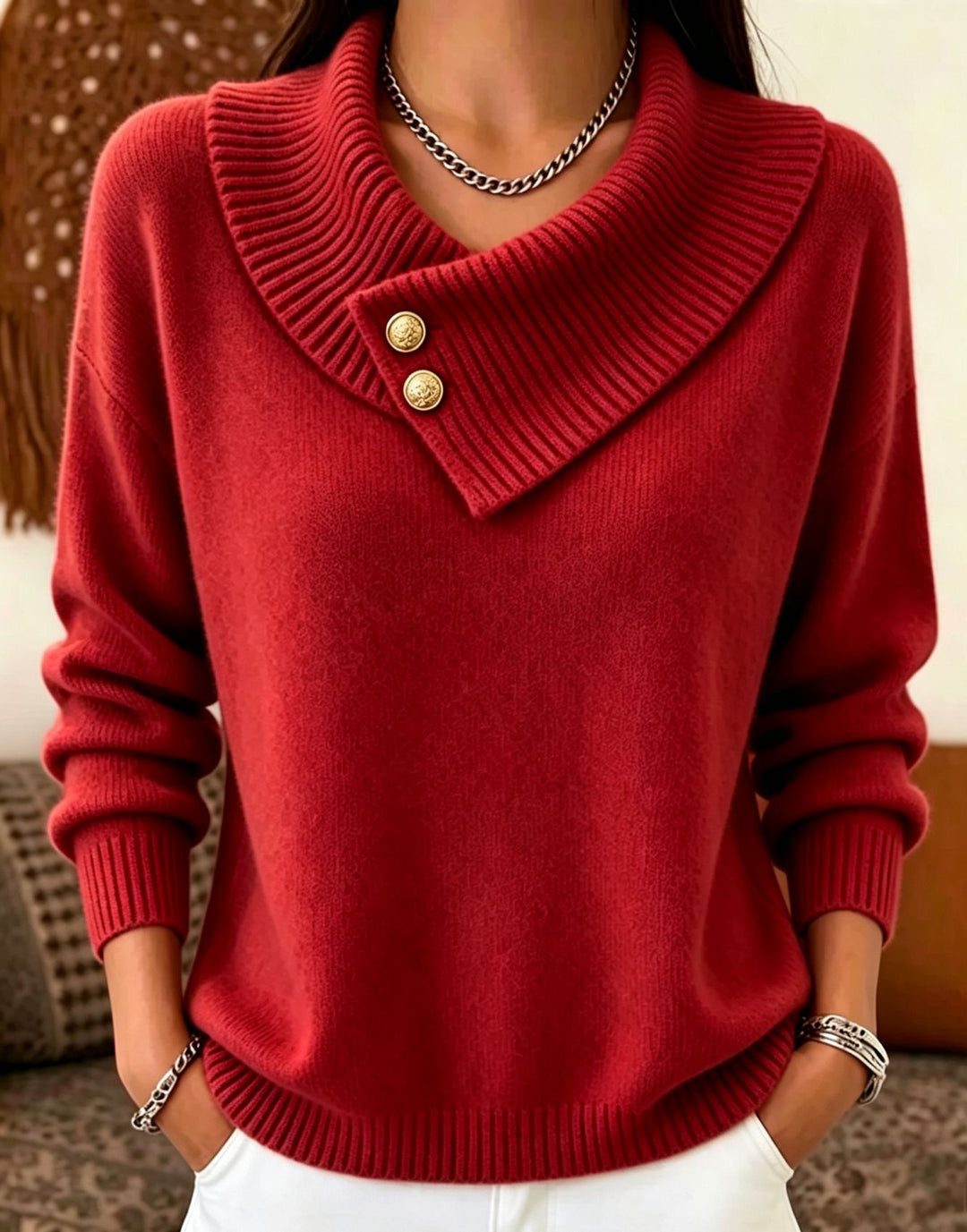 Damen Feinstrick-Pullover mit überlappendem Schalkragen und Zierknöpfen Shop Nory