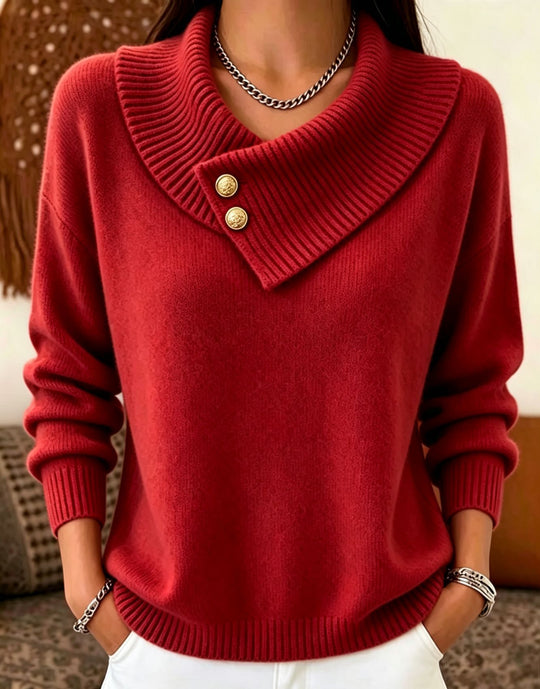 Damen Feinstrick-Pullover mit überlappendem Schalkragen und Zierknöpfen Shop Nory