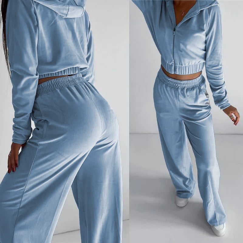 Damen kurz geschnittenes Samt-Lounge-Set mit tailliertem Zip-Hoodie und fließender Highwaist-Palazzohose Shop Nory