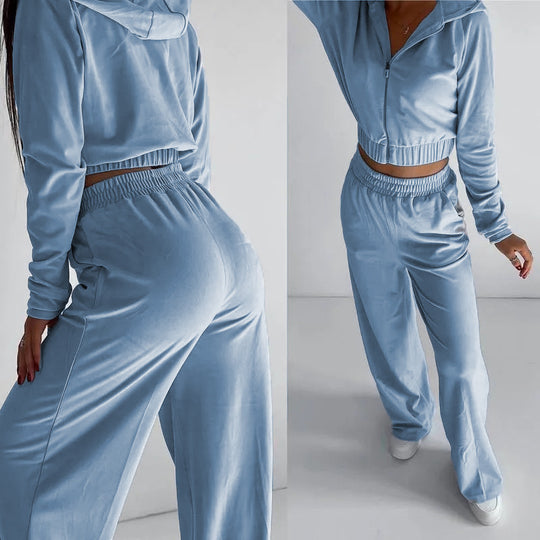 Damen kurz geschnittenes Samt-Lounge-Set mit tailliertem Zip-Hoodie und fließender Highwaist-Palazzohose Shop Nory