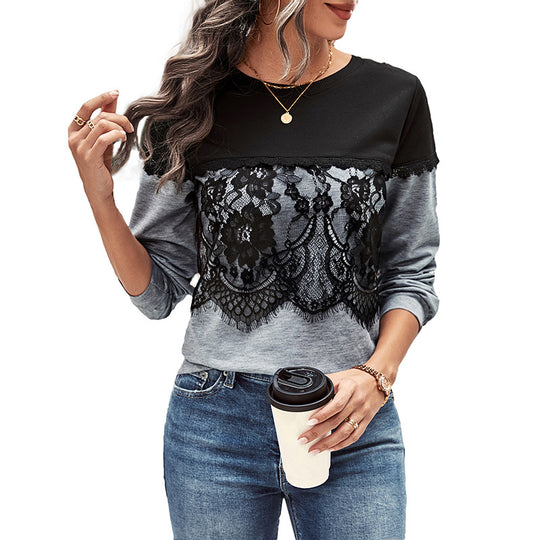 Damen Elegantes Sweatshirt mit floraler Spitzenapplikation und Kontrast-Schulterpartie Shop Nory