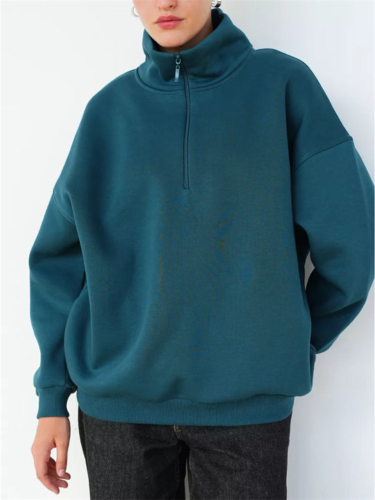 Damen Oversized Halbzip Sweater mit hohem Stehkragen und Rippbündchen Shop Nory