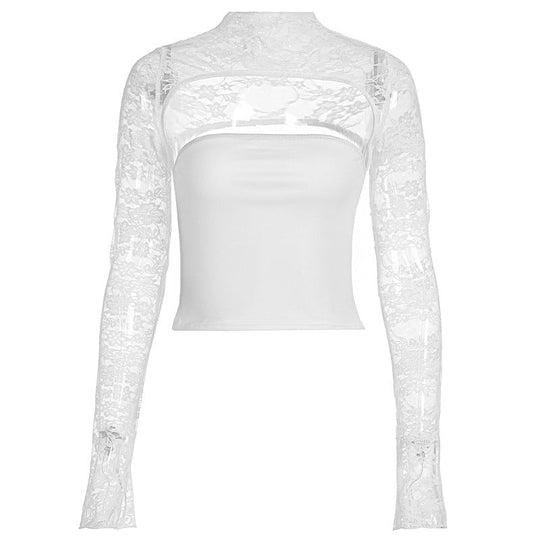 Damen Elegantes Oberteil mit transparenten Ärmeln und hochwertiger Spitze