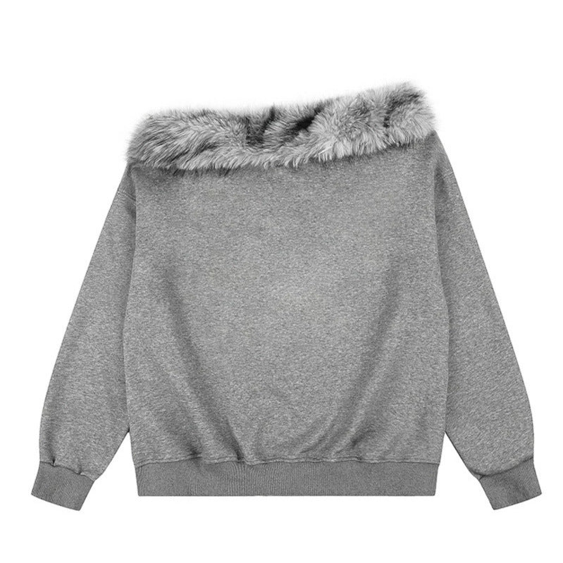 Damen Off-Shoulder Oversize-Sweatshirt mit kuscheligem Faux-Fur-Kragen und distressed Stern-Print Shop Nory