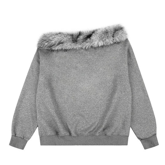 Damen Off-Shoulder Oversize-Sweatshirt mit kuscheligem Faux-Fur-Kragen und distressed Stern-Print Shop Nory