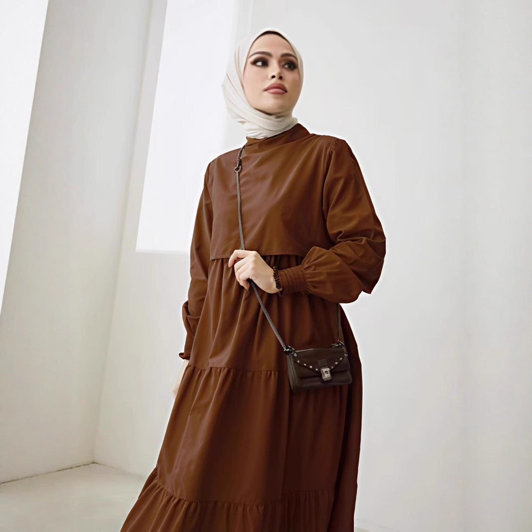 Damen Maxikleid mit Stufenrock, hohem Kragen und gerafften Ärmeln Shop Nory