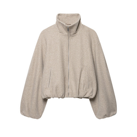Damen Cropped Wollmix-Blousonjacke mit hohem Funnelkragen, Reißverschluss und gerafftem Saum Shop Nory