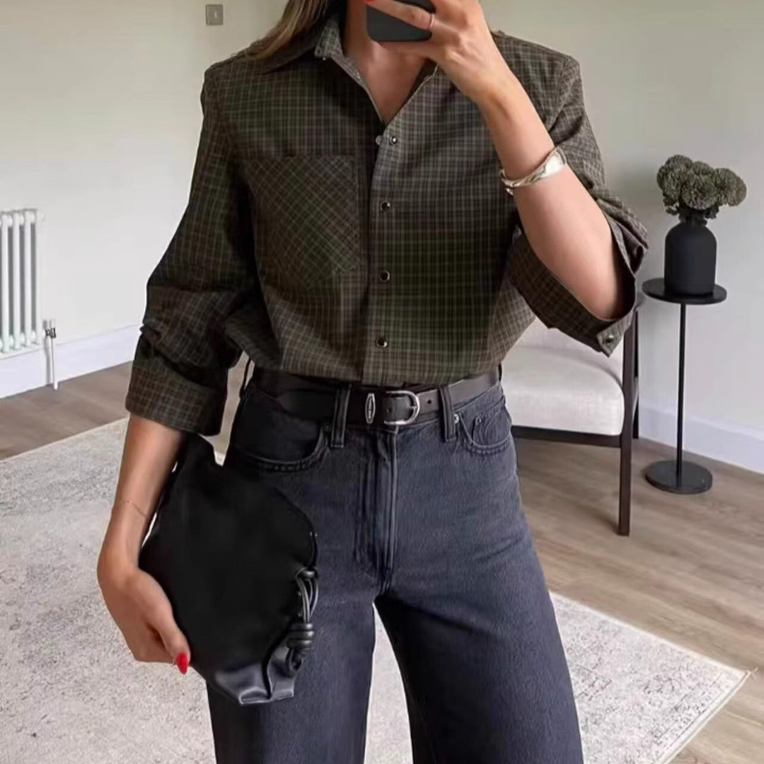 Damen Oversize-Karo-Hemd mit Brusttasche und abgerundetem Saum Shop Nory