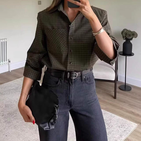 Damen Oversize-Karo-Hemd mit Brusttasche und abgerundetem Saum Shop Nory