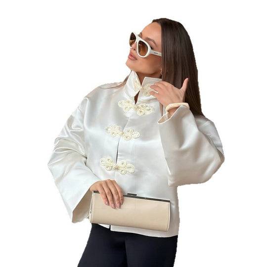 Damen Zweiteiliges Satin-Set mit Stehkragen, dekorativen Knotenverschlüssen und tailliertem Maxirock Shop Nory