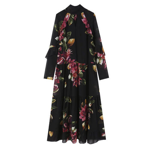 Damen Maxikleid mit Blumenprint, Stufenrock und Volantärmeln Shop Nory