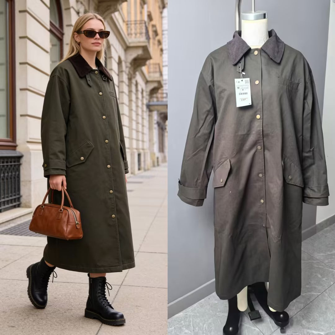 Damen langer wasserdichter Parka-Mantel mit Cordkragen und Druckknopfleiste Shop Nory