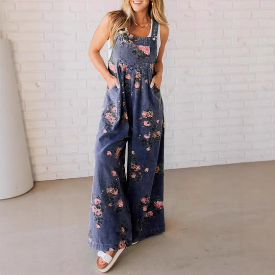 Damen Lässiger Denim-Hosenanzug mit floralem Print und weiten Beinen