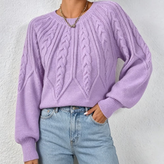 Damen kurzgeschnitteter Grobstrick-Zopfpullover mit Ballonärmeln Shop Nory