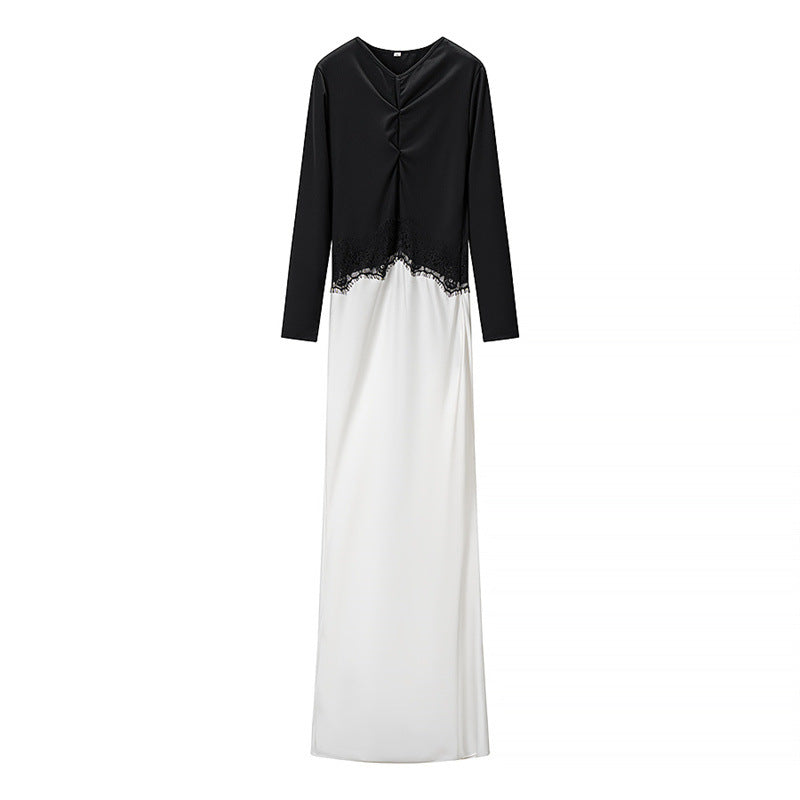 Damen Zweiton-Maxikleid mit geraffter V‑Passe, Spitzenbesatz und langen Ärmeln Shop Nory