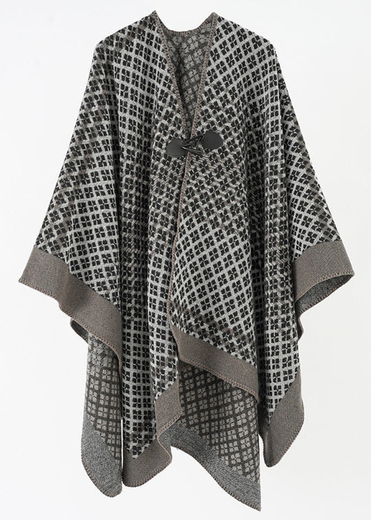 Damen Wollponcho mit geometrischem Karomuster und Knebelverschluss Shop Nory