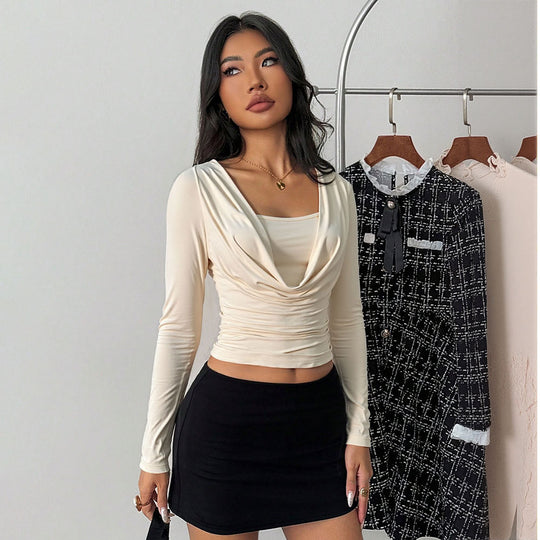 Damen drapiertes Langarm-Cropped-Top mit Wasserfall-Cowl Untertop-Einsatz und taillierter Raffung Shop Nory
