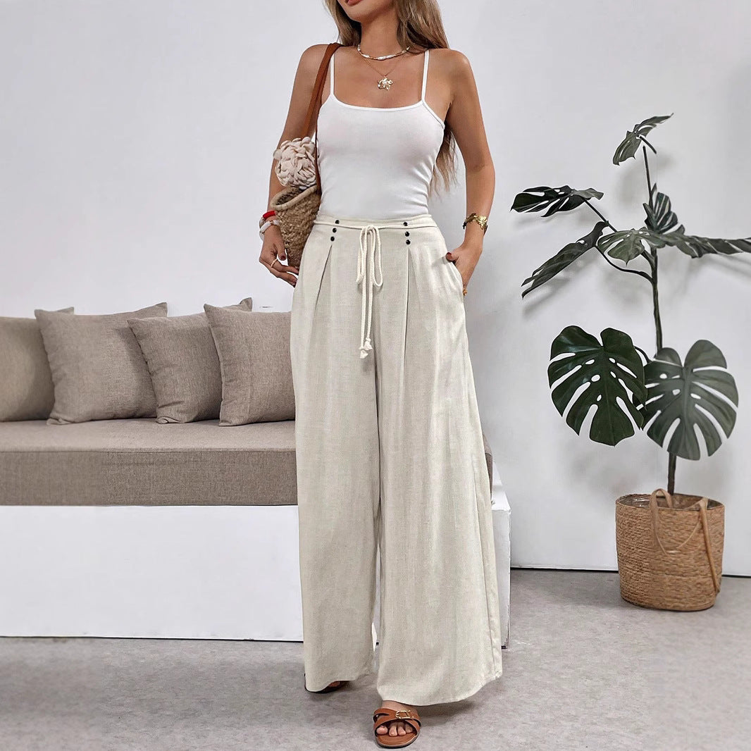 Damen Weite Palazzo-Leinenhose mit hohem Bund und Tunnelzug Shop Nory