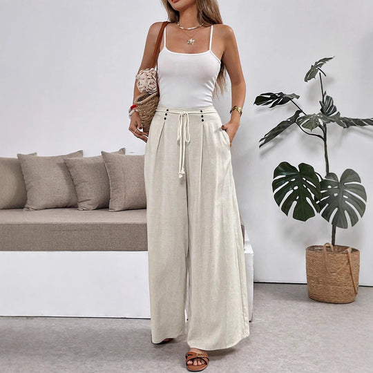 Damen Weite Palazzo-Leinenhose mit hohem Bund und Tunnelzug Shop Nory