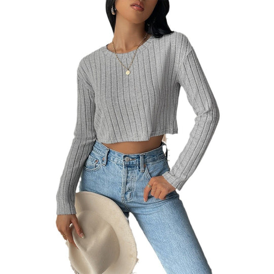 Damen kurzes geripptes Cropped-Strickoberteil mit Rundhalsausschnitt und tailliertem Schnitt Shop Nory
