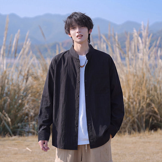 Herren Oversize-Hemd aus leichtem Baumwollmix mit Mandarinkragen und Brusttasche Shop Nory