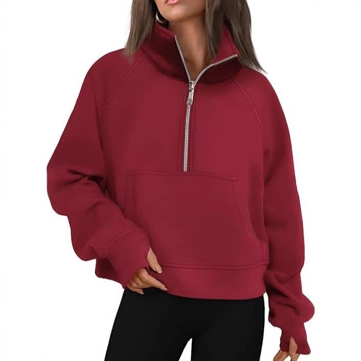 Damen nan kurzer Halfzip-Sweater mit hohem Stehkragen, Kängurutasche und verlängerten Daumenlöchern Shop Nory