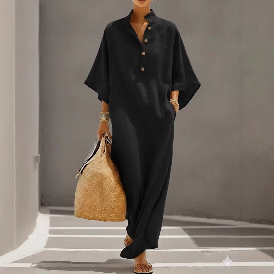 Damen Weites Kaftan-Midikleid mit Stehkragen und 3-Knopf-Blende Shop Nory