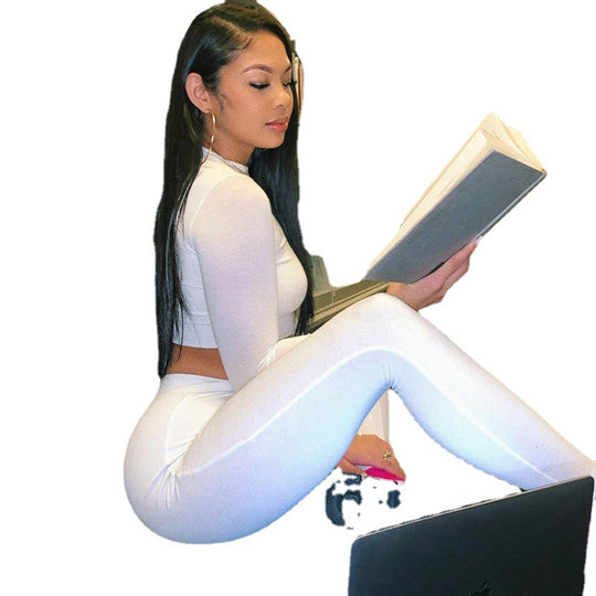 Damen Figurbetontes Sport-Zweiteiler-Set mit Langarm-Crop-Top und hochtaillierten Leggings Shop Nory