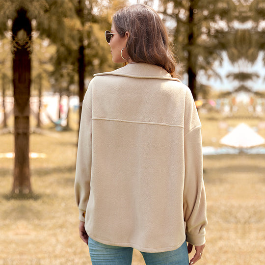 Damen Oversize-Fleece-Hemdjacke mit aufgesetzten Brusttaschen und durchgehender Knopfleiste Shop Nory
