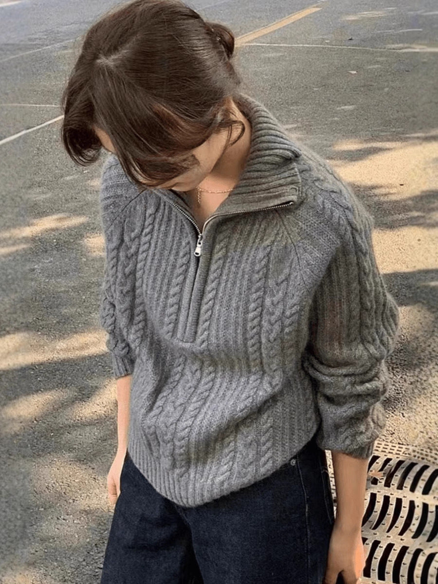 Damen Zopfstrick-Polokragenpullover mit Halbreißverschluss und weichem Mohair-Look Shop Nory
