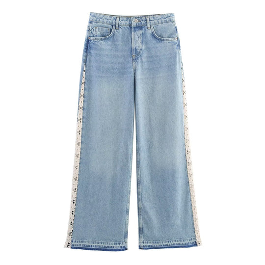 Damen weite Jeans mit floralen Spitzenapplikationen