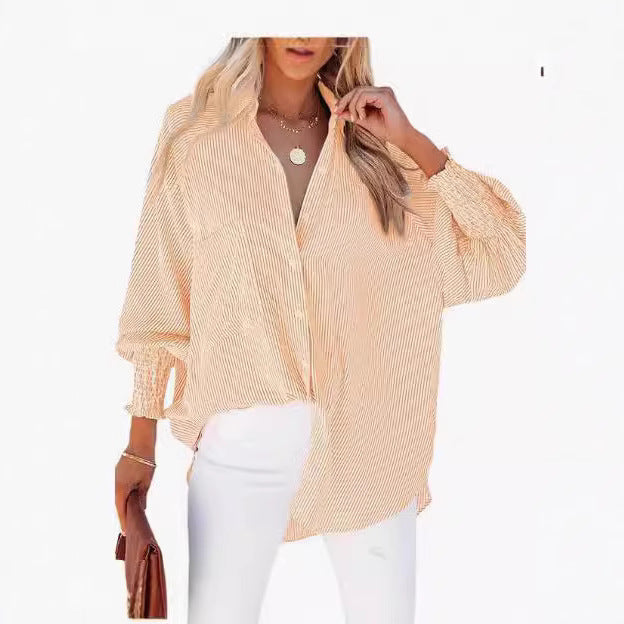 Damen legere Hemdbluse mit modischen Rüschenärmeln und Streifenmuster Shopnory