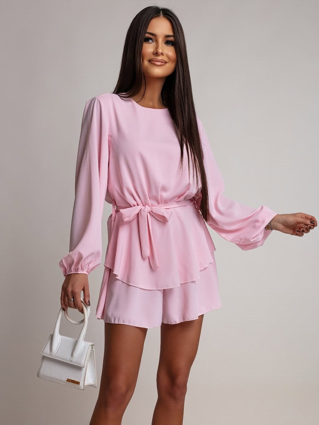 Damen Kurzkleid mit Volantrock, Taillenbindegürtel und Ballonärmeln Shop Nory