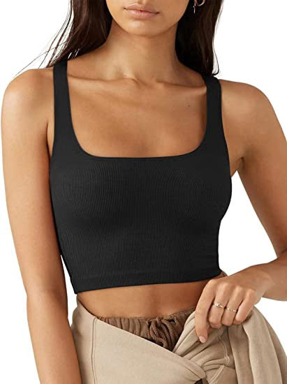 Damen cropped Top mit breiten Trägern und feinem Rippenmuster