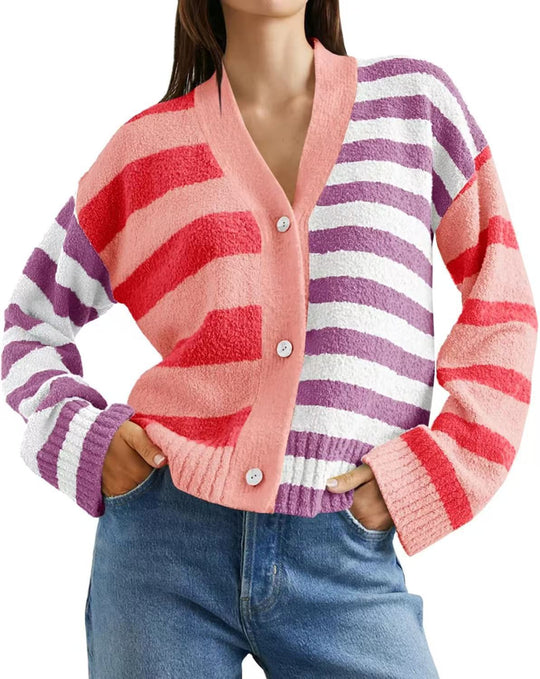 Damen lockerer gestreifter Frottee-Cardigan mit V-Ausschnitt und Knopfleiste Shop Nory
